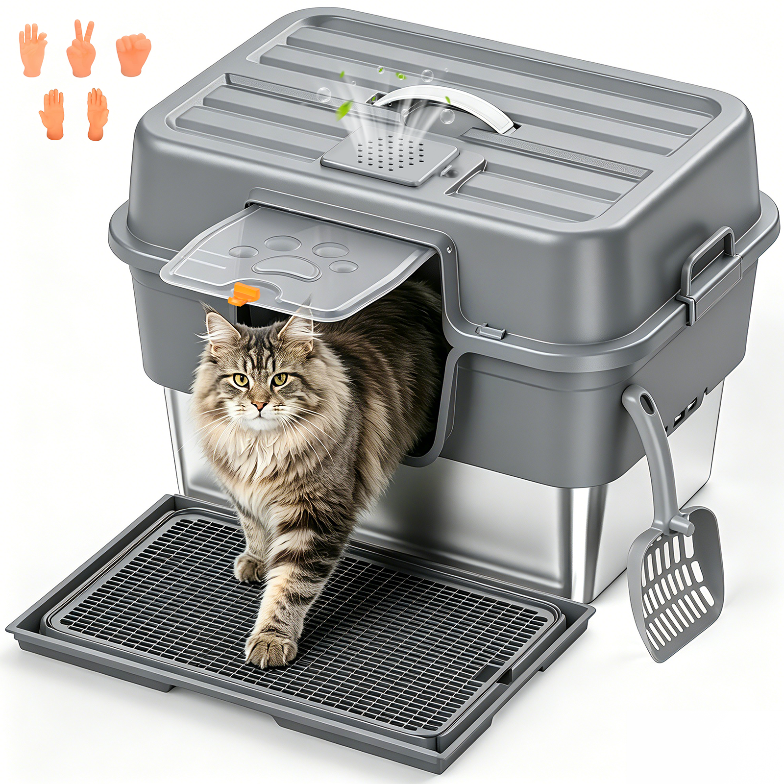 Stainless Steel Cat Litter Box with Lid – Enclosed XL Litter Box, Anti-Scatter Filter Plate, Leak-Proof, Includes Honeycomb Mat & Metal Scoop(Slate)