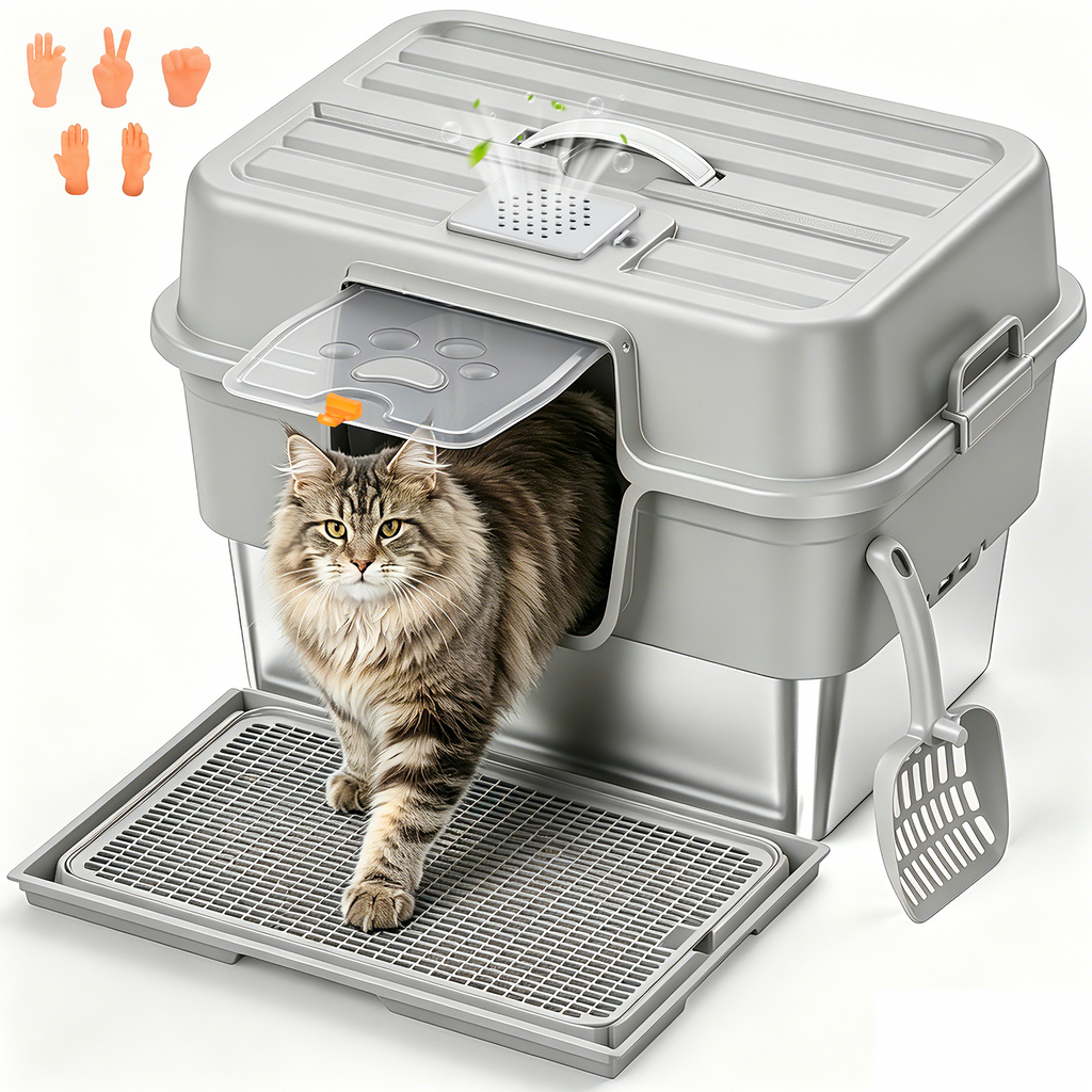 Litter Box with Lid – Stainless Steel Cat Litter Box, Anti-Leak XL Enclosed Design, 30° Angled Filter Plate, Includes Cat Litter Mat & Heavy-Duty Scoop(Gray)