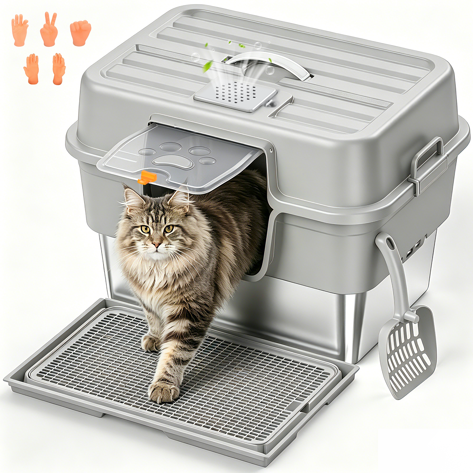 Litter Box with Lid – Stainless Steel Cat Litter Box, Anti-Leak XL Enclosed Design, 30° Angled Filter Plate, Includes Cat Litter Mat & Heavy-Duty Scoop(Gray)