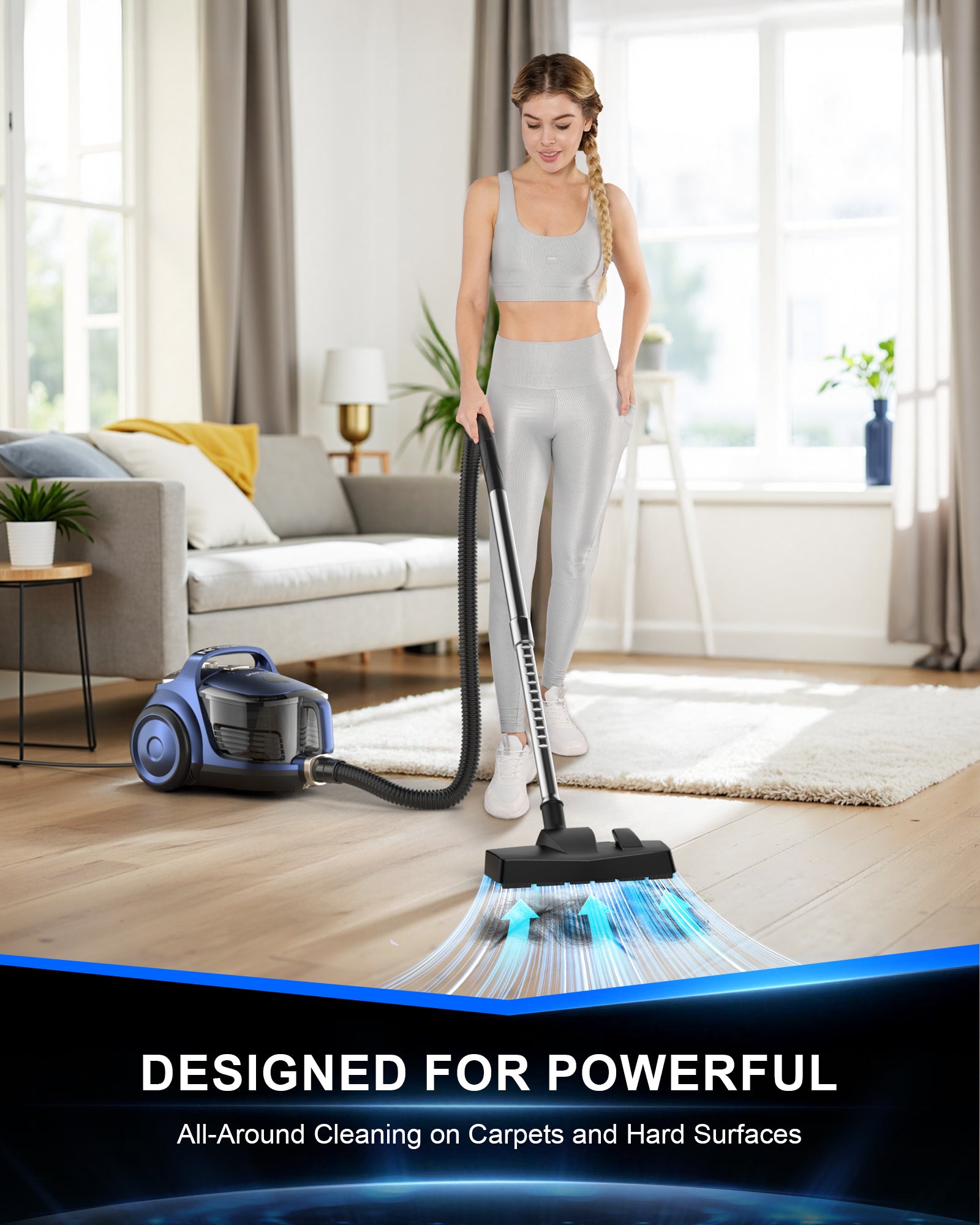 Bagless Canister Vacuum Cleaner,1600W Powerful High-Suction Bagless Canister Vac with 4.5QT Dust Cup,Pop-N-Go Brush,HEPA Filter,Dual Motors&4 Cleaning Tools,Perfect for Low-Pile Carpets&Hard Floors
