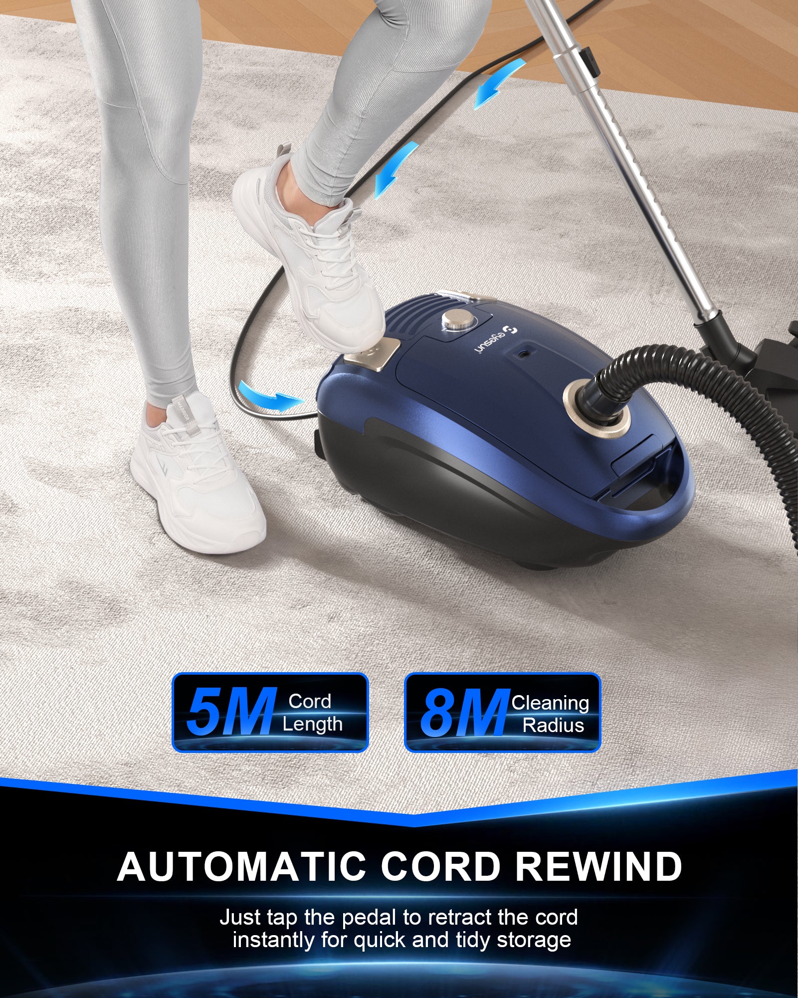 Bagged Canister Vacuum Cleaner,1400W Powerful High-Suction Bagged Canister Vac with 3.7QT Dust Bags,Pop-N-Go Brush,HEPA Filter,Dual Motors&4 Cleaning Tools,Perfect for Low-Pile Carpets&Hard Floors