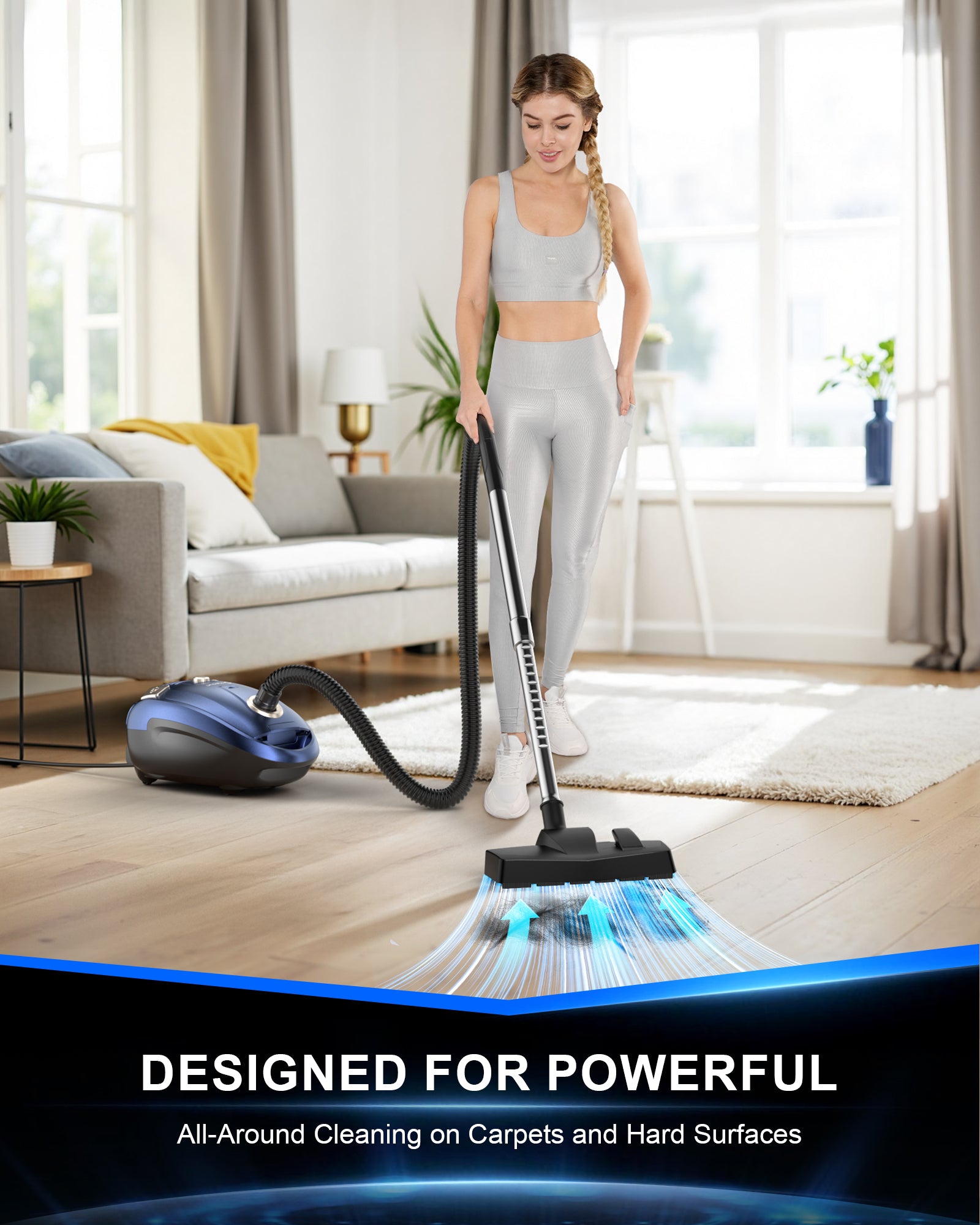 Bagged Canister Vacuum Cleaner,1400W Powerful High-Suction Bagged Canister Vac with 3.7QT Dust Bags,Pop-N-Go Brush,HEPA Filter,Dual Motors&4 Cleaning Tools,Perfect for Low-Pile Carpets&Hard Floors