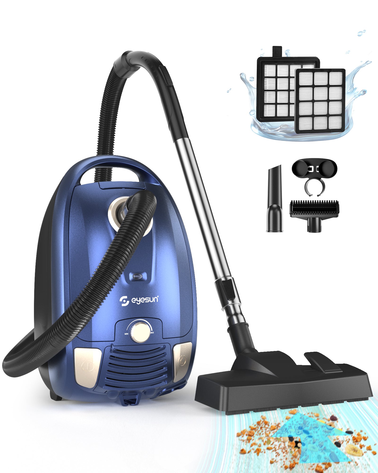 Bagged Canister Vacuum Cleaner,1400W Powerful High-Suction Bagged Canister Vac with 3.7QT Dust Bags,Pop-N-Go Brush,HEPA Filter,Dual Motors&4 Cleaning Tools,Perfect for Low-Pile Carpets&Hard Floors